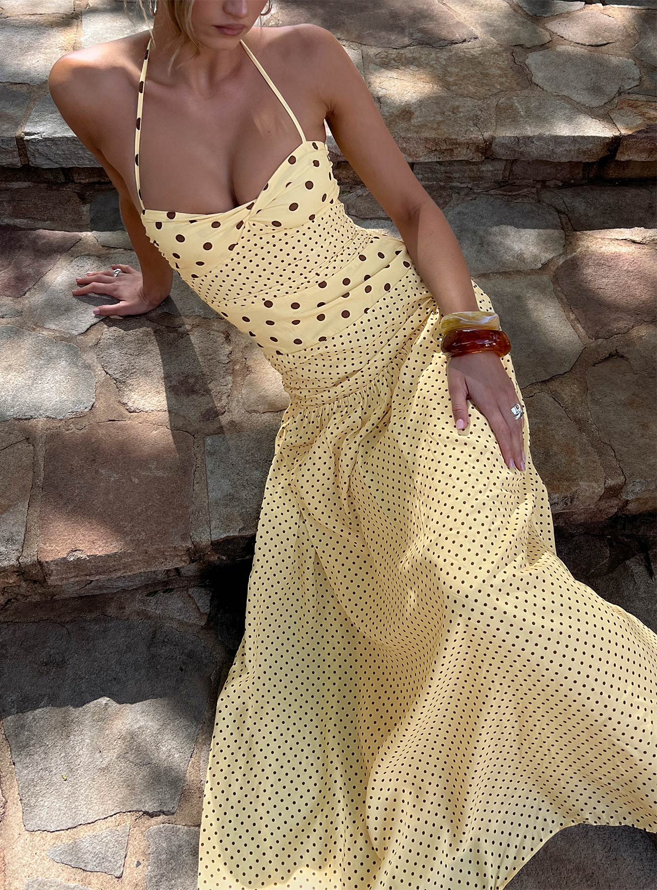 Marguerite Halter Maxi Dress Lemon | Brown Polka Dot | Lemon | Brown Polka Dot | Womens | Princess Polly Lower Impact Marguerite Halter Maxi Dress Lemon | Brown Polka Dot | Lemon | Brown Polka Dot | Womens | Princess Polly Lower Impact