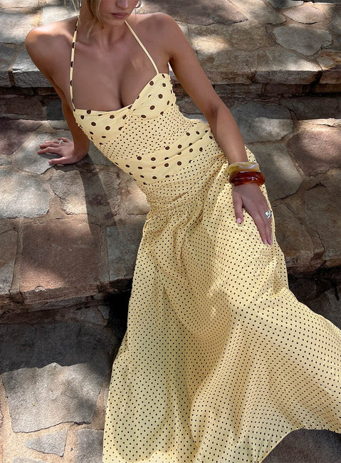 Marguerite Halter Maxi Dress Lemon | Brown Polka Dot | Lemon | Brown Polka Dot | Womens | Princess Polly Lower Impact Marguerite Halter Maxi Dress Lemon | Brown Polka Dot | Lemon | Brown Polka Dot | Womens | Princess Polly Lower Impact