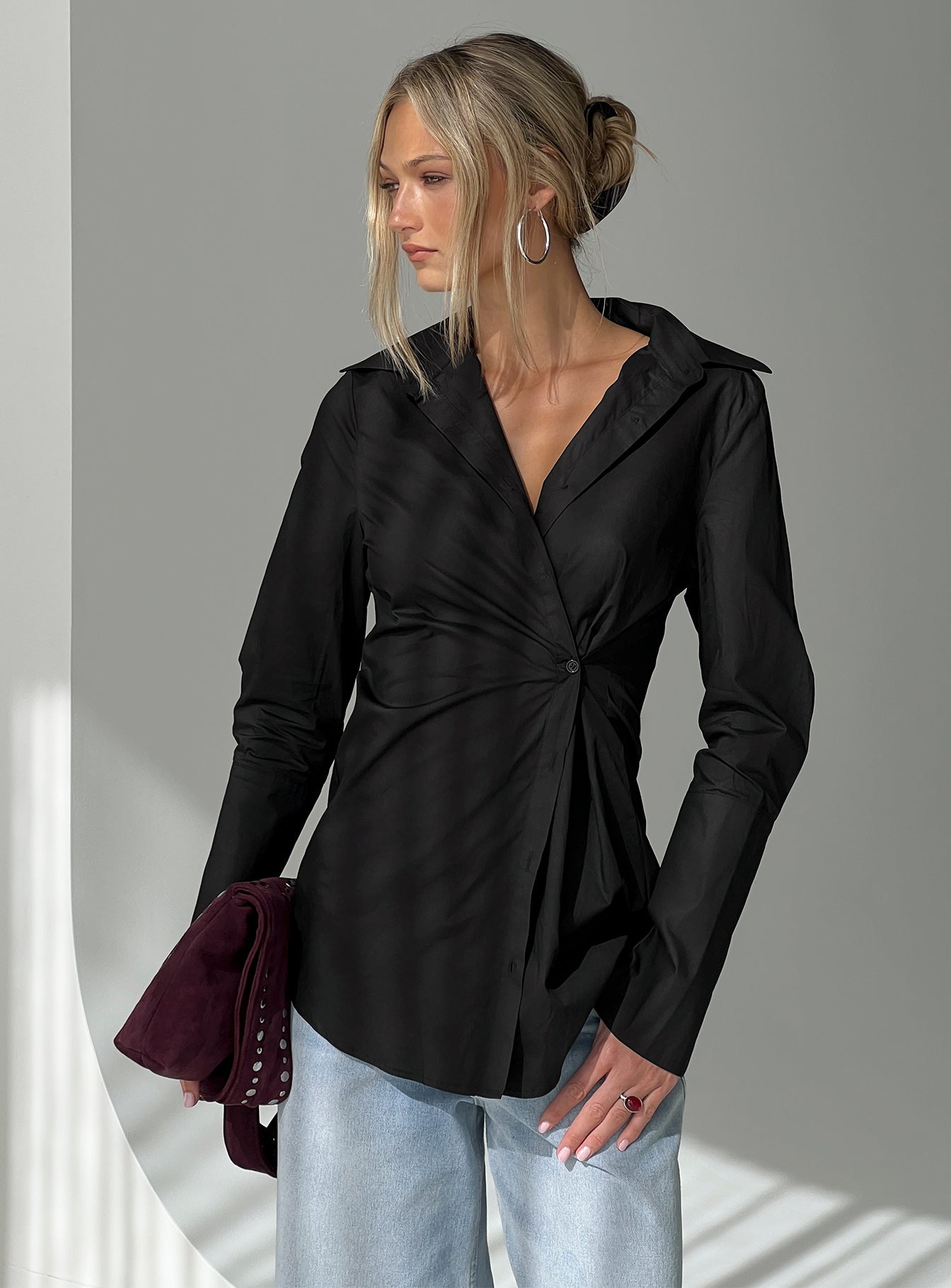Chelsy Tapered Long Sleeve Shirt Black | Princess Polly
