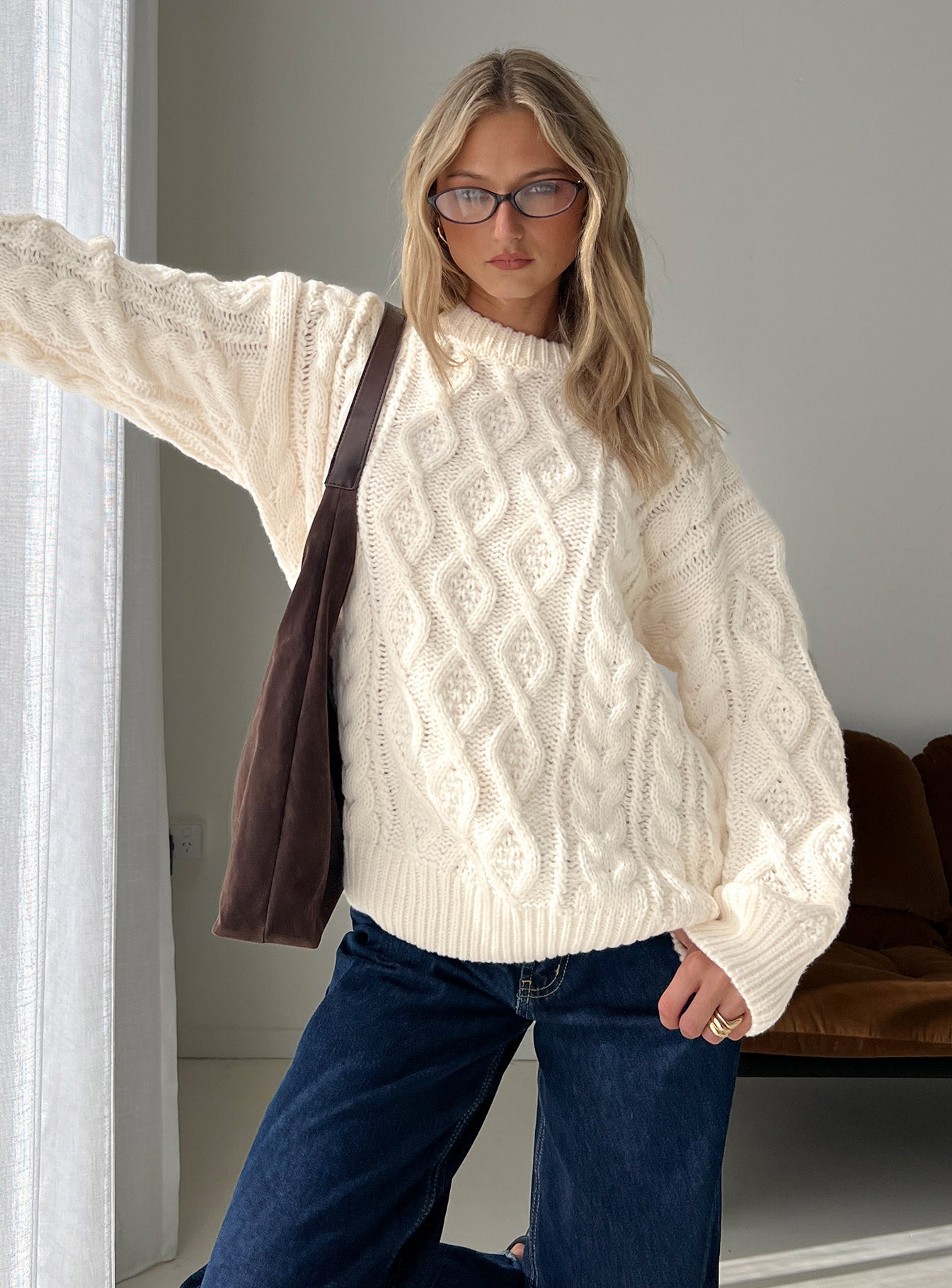 front view of model wearing Princess Polly Rorey Cable Knit Crew Neck Sweater White 