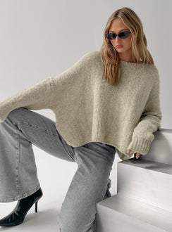 front view of model wearing Princess Polly Ramy Wide Neck Knit Sweater Olive Cropped Jumpers 