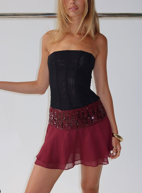   front view of model wearing Princess Polly Zenayda Drop Waist Sequin Mini Skirt Burgundy Mini Skirts 
