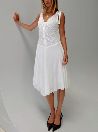 slim fit dress slacks White Asymmetrical Sleeve Midi Graduation Dress S / White / 100% Polyester