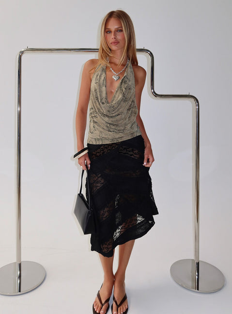   front view of model wearing Princess Polly Constancia Asymmetrical Sheer Midi Skirt Black Midi Skirts 