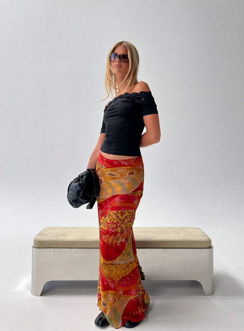   side view of model wearing Princess Polly Rowana Maxi Skirt Multi Paisley Maxi Skirts 
