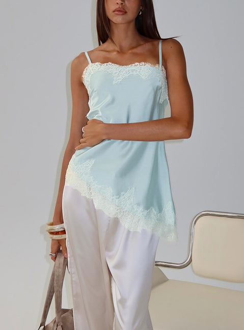 Winta Lace Trim Asymmetrical Satin Top Blue