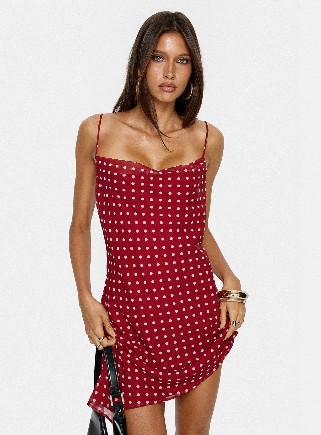 Elisabetta Frill Midi Dress Burgundy Polka Dot