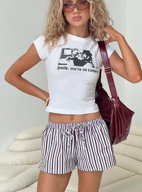 front view of model wearing Princess Polly Stellie Shorts Multi Stripe High Waisted Shorts 