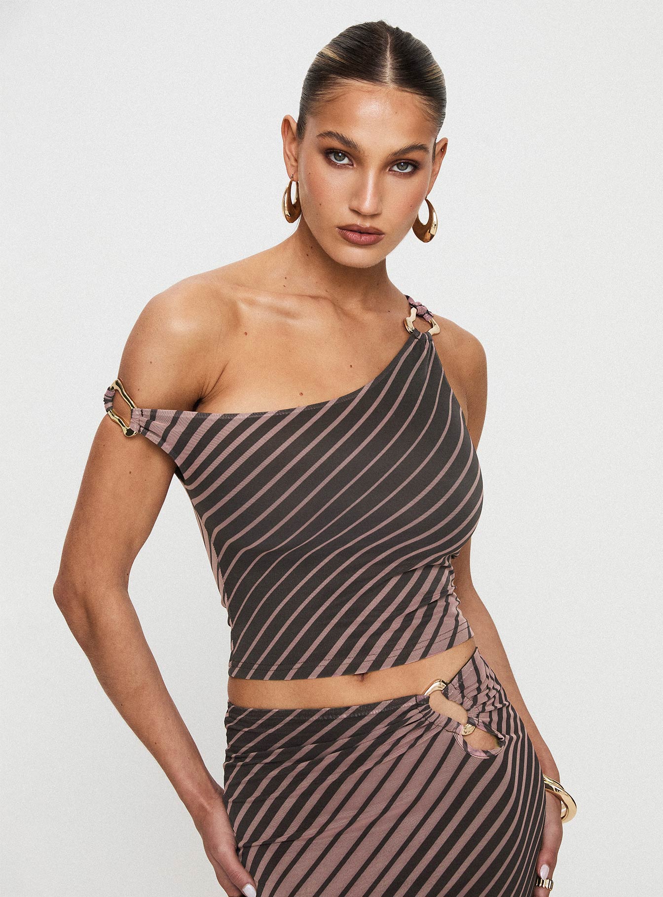 Rios One Shoulder Top Brown Stripe Womens Princess Polly