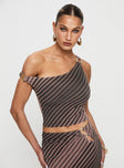 back view of model wearing Princess Polly Rios One Shoulder Top Brown Stripe Sleeveless Asymmetric Neckline 