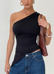 front view of model wearing Princess Polly Lunah One Shoulder Top Black Sleeveless Asymmetric Neckline 