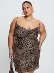 front view of model wearing Princess Polly Sugar Mini Dress Leopard Curve Cowl Neck 