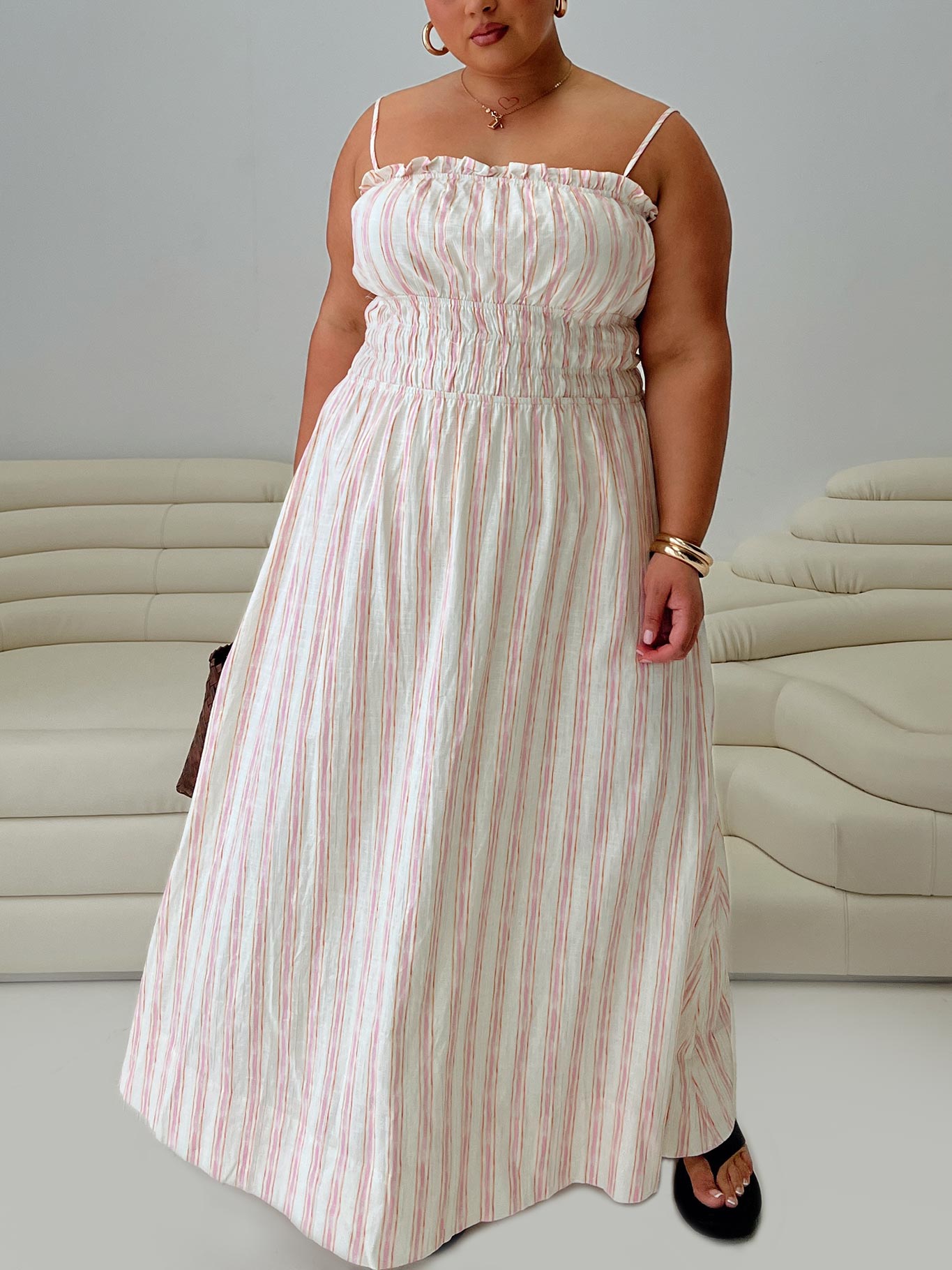Persephone Shirring Linen Maxi Dress Pink Stripe Curve | Princess Polly Persephone Shirring Linen Maxi Dress Pink Stripe Curve | Princess Polly
