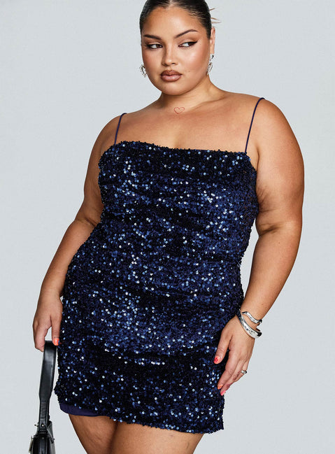 Layney Sequin Mini Dress Navy Curve | Princess Polly Layney Sequin Mini Dress Navy Curve | Princess Polly