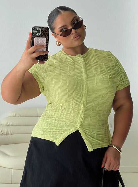 front view of model wearing Princess Polly Suzu Textured Top Green Curve Short Sleeves Crew Neck 