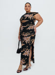 Goldrush Maxi Dress Black Floral Asymmetric Neckline 