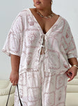 front view of model wearing Princess Polly Sun Dream Shirt Cream / Multi Curve Three Fourth Sleeves Plunger 