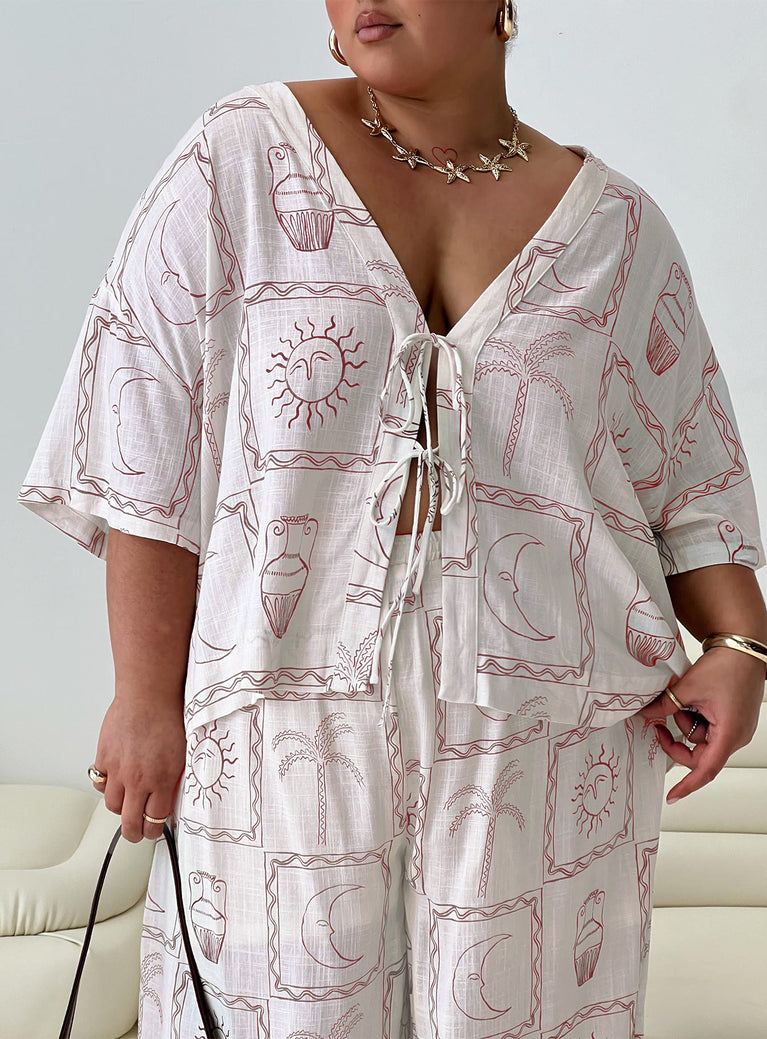 front view of model wearing Princess Polly Sun Dream Shirt Cream / Multi Curve Three Fourth Sleeves Plunger 