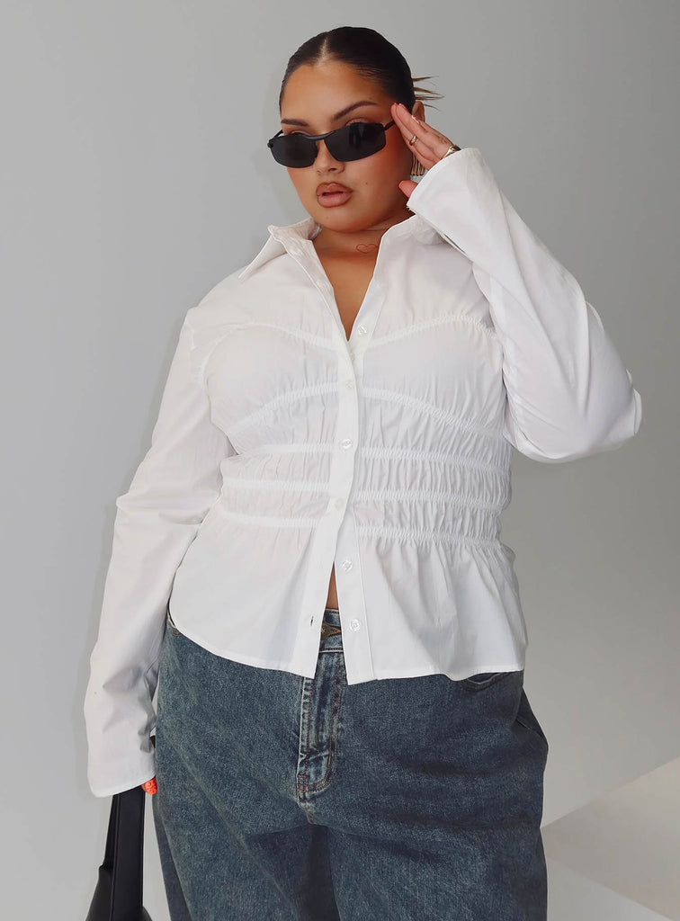 Liesel Shirred Long Sleeve Top White Curve | Princess Polly