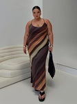 side view of model wearing Princess Polly Otillie Maxi Dress Brown Multi Curve Scoop Neck 