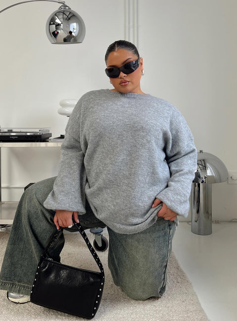 back view of model wearing Princess Polly Ryanna Sweater Grey Curve Long 