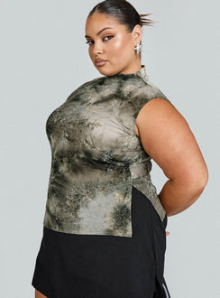 side view of model wearing Princess Polly Nights All Alone High Neck Top Multi Curve Sleeveless High Neck 