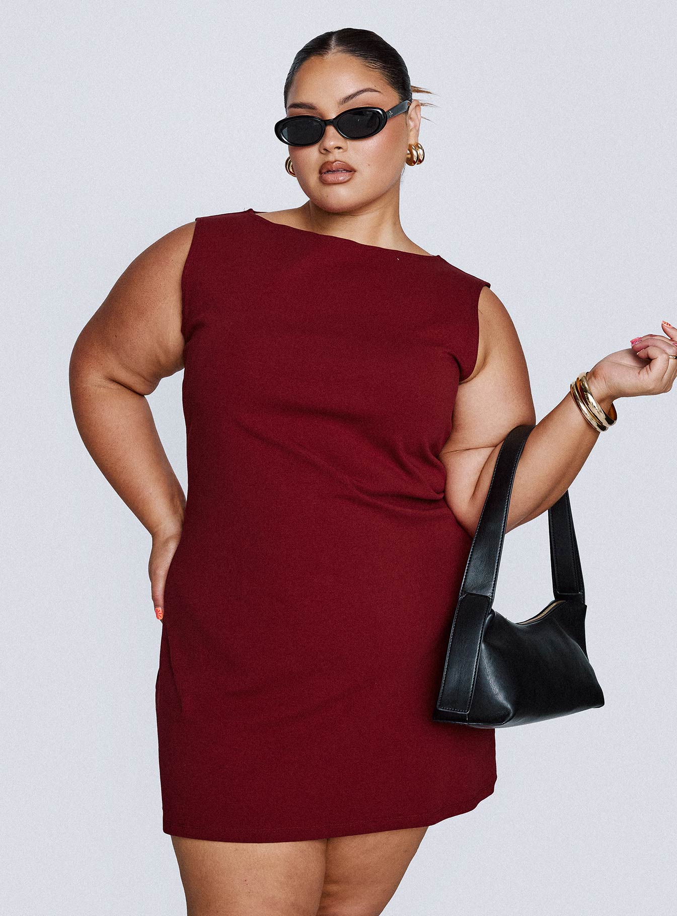 burgundy dress curve ARRANGE Curve fallen shoulder draped midi dress with train in burgundy