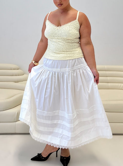   front view of model wearing Princess Polly Calling For You Flowy Maxi Skirt White Curve Maxi Skirts 
