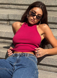 front view of model wearing Princess Polly Busy Woman High Neck Top Pink Sleeveless High Neck 