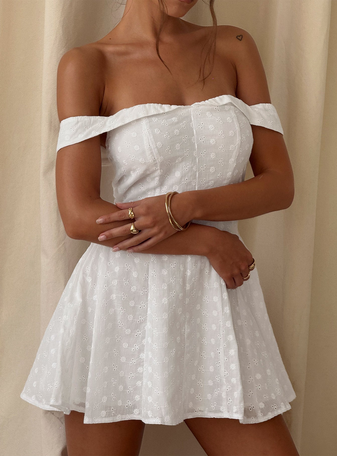 Rosebud Broderie Off The Shoulder Mini Dress White