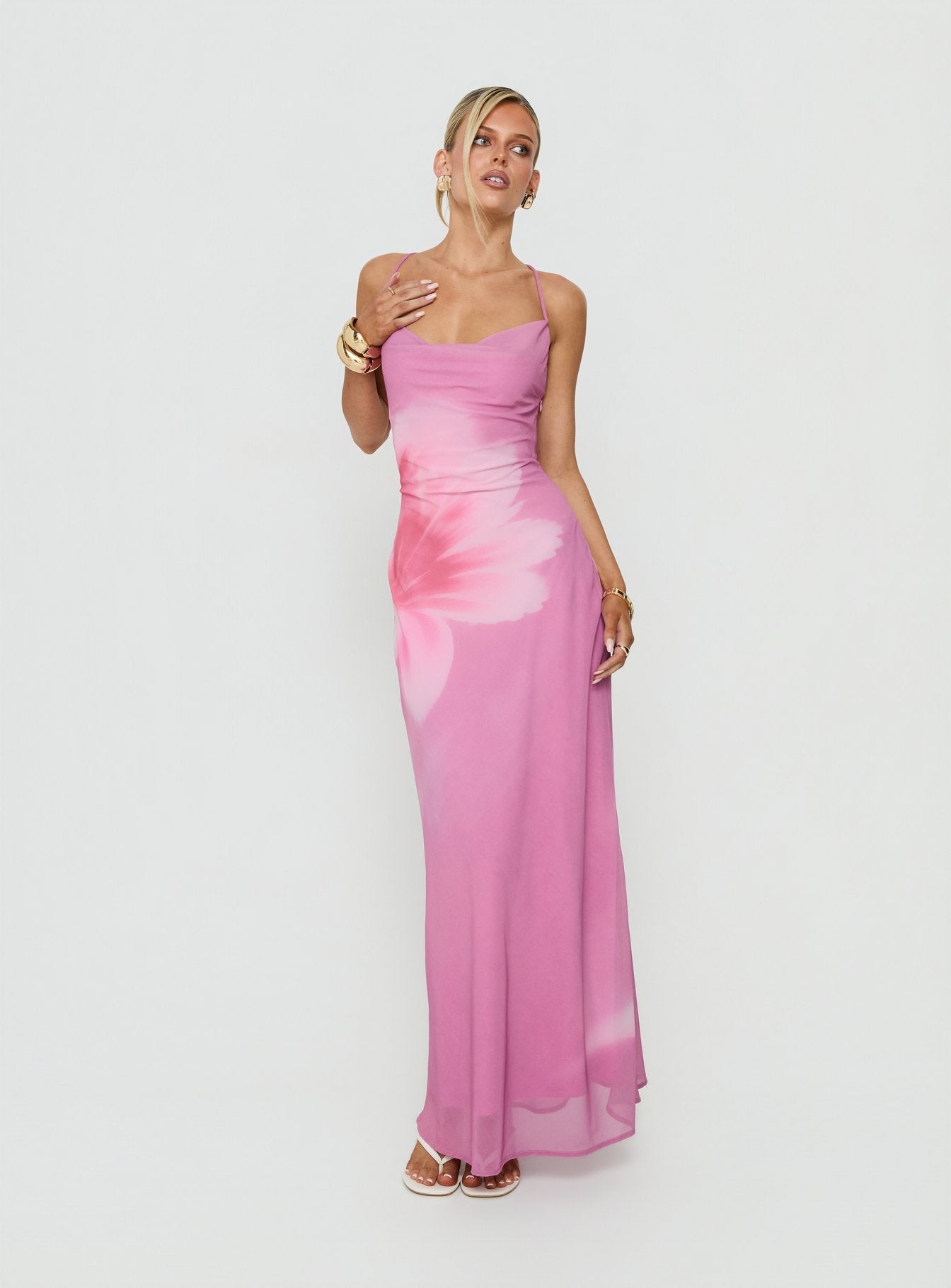pink floral cowl neck dress Bejewelled | Cream AND PINK Floral Cowl-Neck Maxi Dress With Fringe Hem