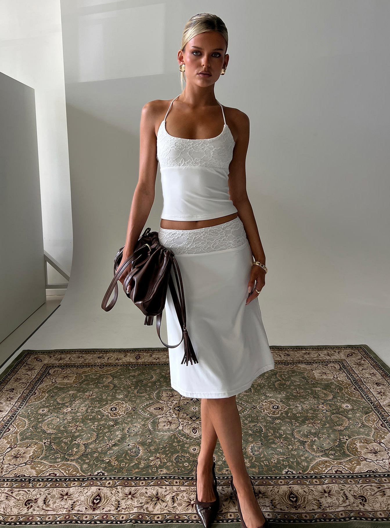 Zenaide Lace Detail Midi Skirt White | Princess Polly