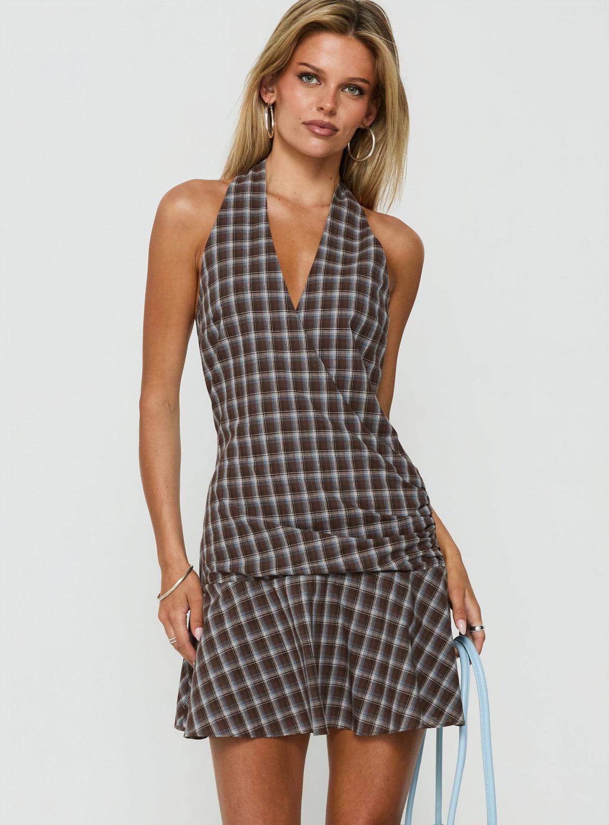 Paytonn Halter Cross Front Mini Dress Check