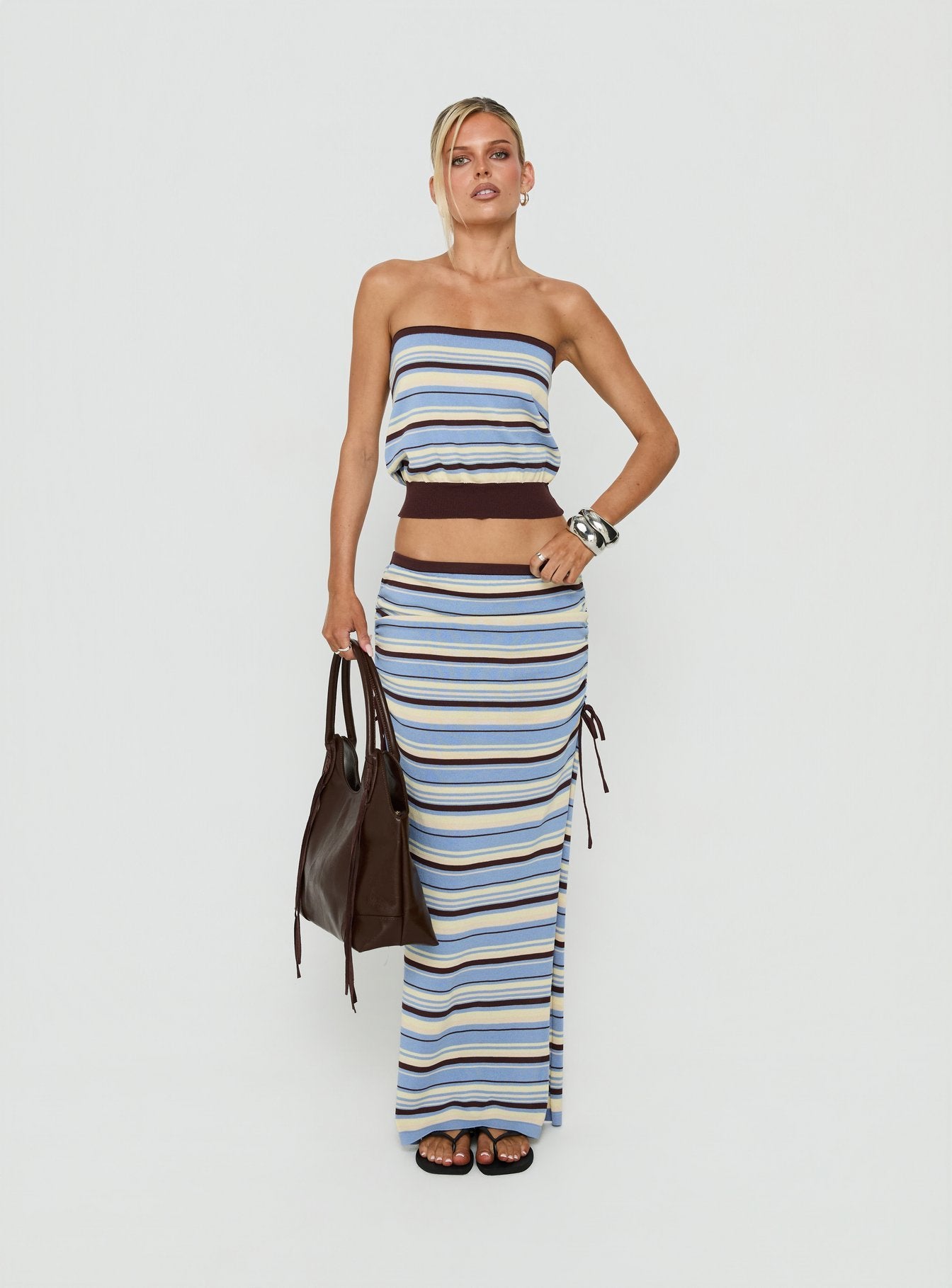 Osamie Knit Drawstring Maxi Skirt Multi Stripe