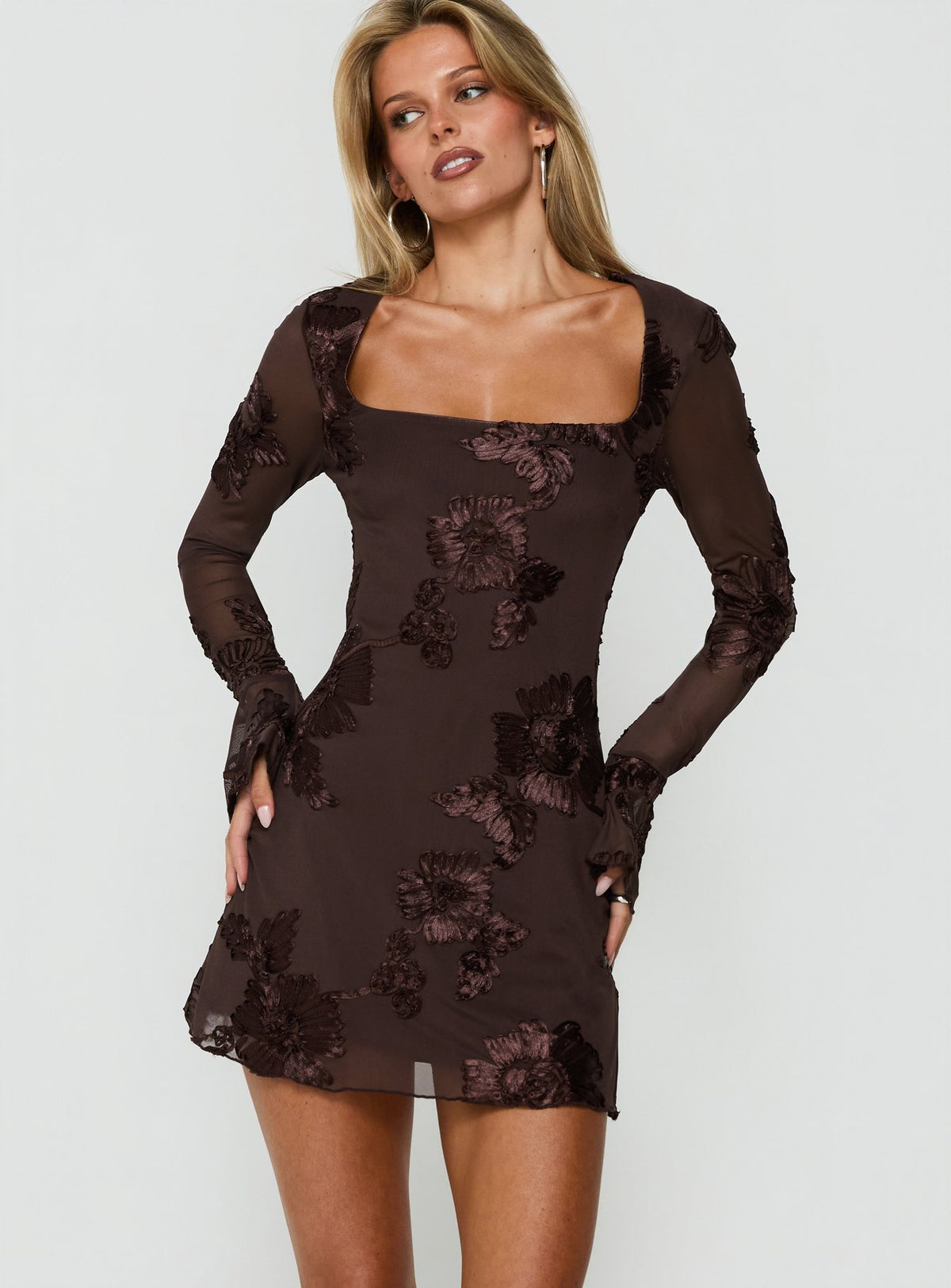 Better Love Long Sleeve Mini Dress Chocolate Floral