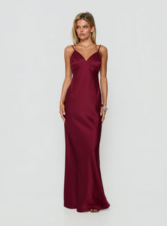 Flip A Switch Satin Lace Slip Maxi Dress Burgundy