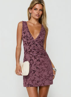 Dawsonne Plunge Neck Twist Front Mini Dress Plum Floral