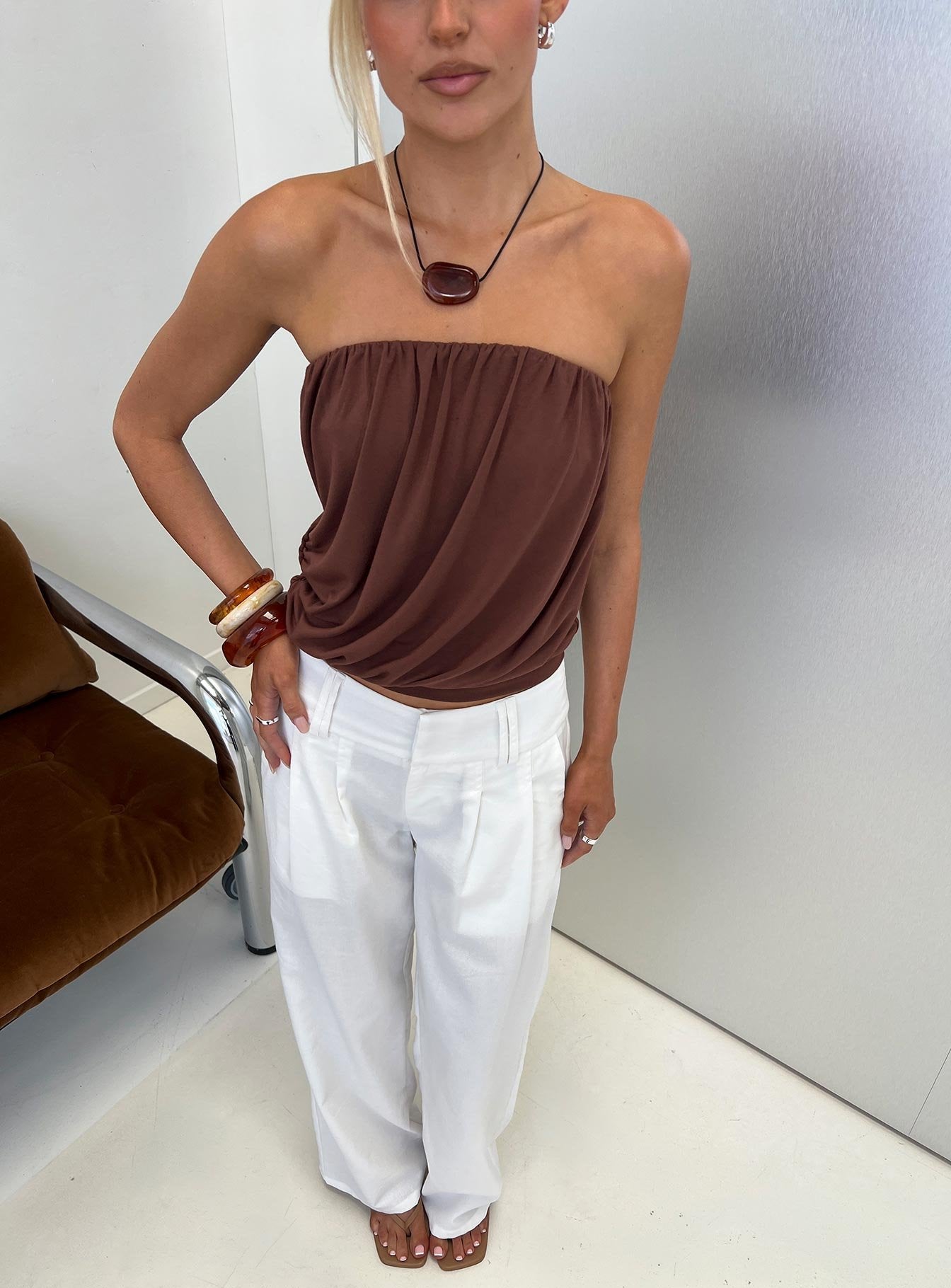 Taleisa Gathered Drape Strapless Top Brown | Princess Polly