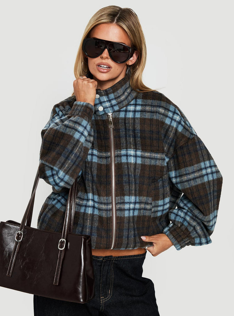 Ellissa Bomber Jacket Blue Check | Princess Polly