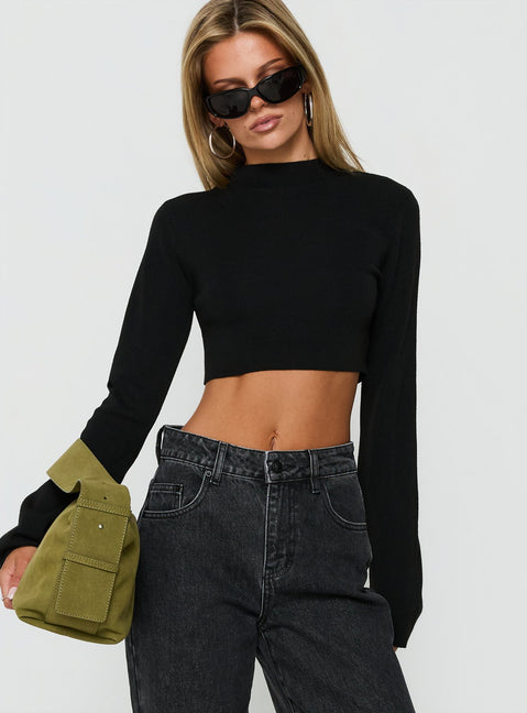 Georgily Funnel Neck Long Sleeve Crop Top Black