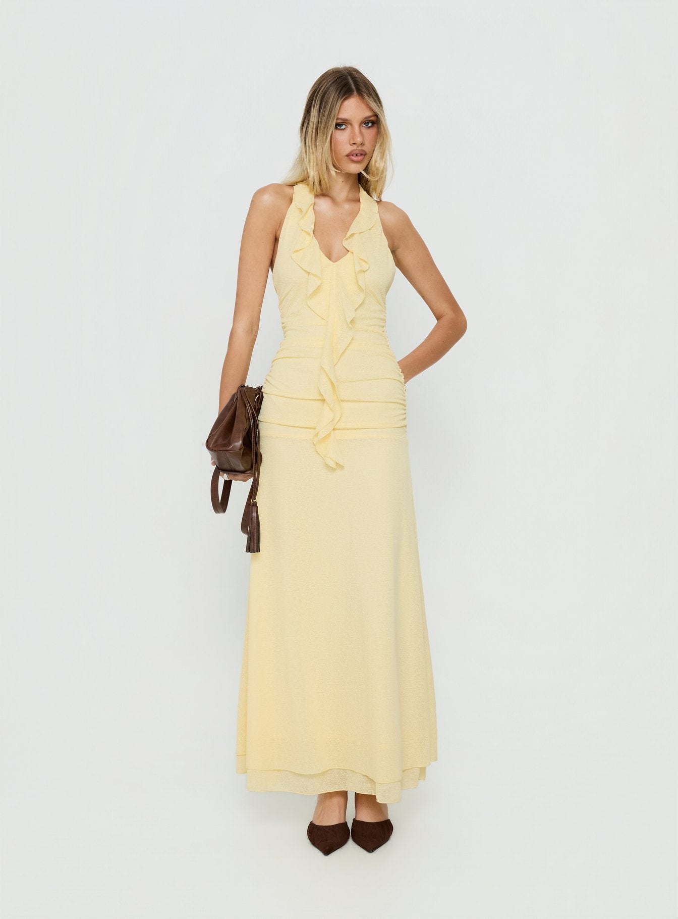 yellow maxi dress ruffles Leyda Plunge Frill Maxi Dress Yellow