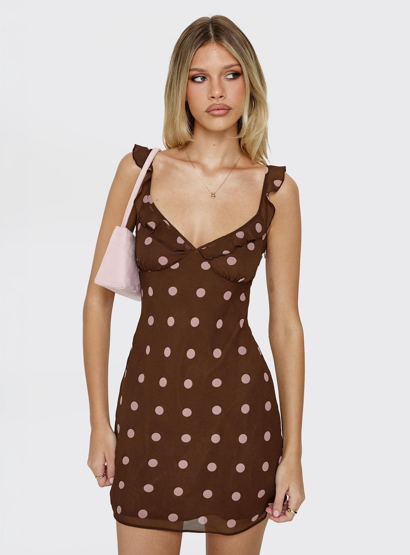 Lozie Frill V Neck Mini Dress Brown Polka Dot
