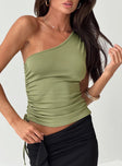 front view of model wearing Princess Polly Brekky One Shoulder Top Green Sleeveless Asymmetric Neckline 