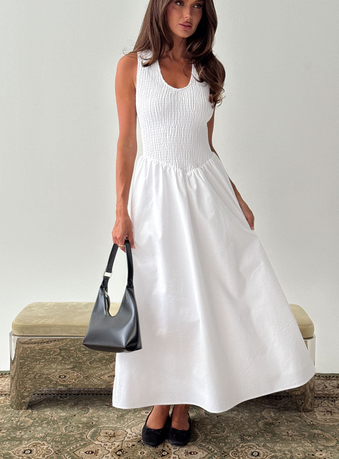 Highgate Drop Waist Pleat Detail Maxi Dress | White | Womens
