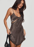 front view of model wearing Princess Polly Linger Bias Cut Dress Brown Petite Scoop Neck 