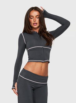 Kimberlyn Long Sleeve Jersey Zip Through Top Grey