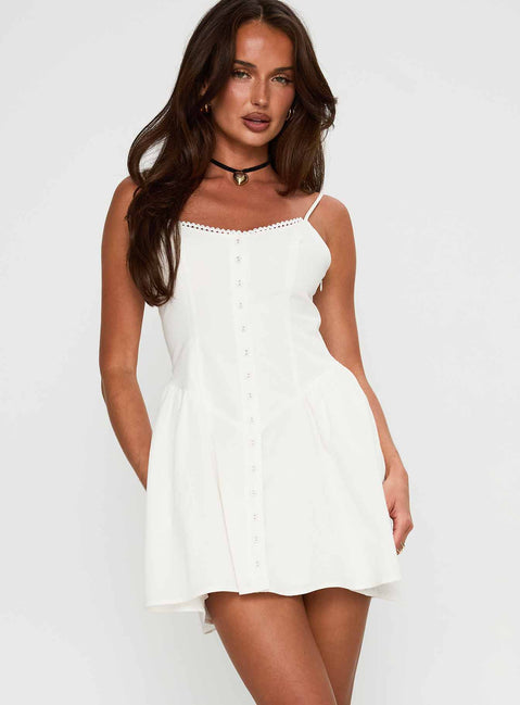 front view of model wearing Princess Polly Toulouse Mini Dress White Scoop Neck 