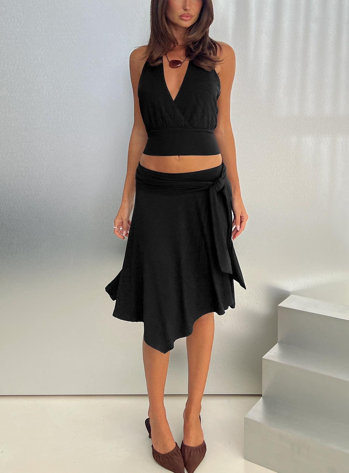 Soft Focus Tie Waist Midi Skirt Black | Princess Polly