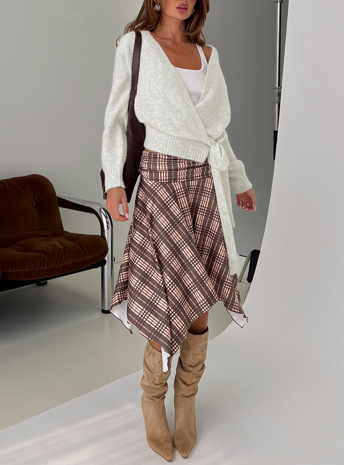 Scholar Asymmetrical Midi Skirt Brown Check | Princess Polly