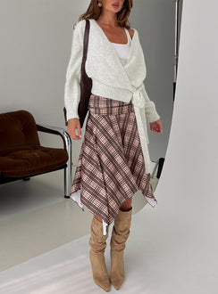   front view of model wearing Princess Polly Scholar Asymmetrical Midi Skirt Brown Check Midi Skirts 